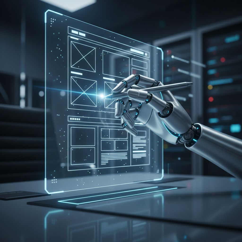Futuristic concept art of a robot hand drawing a website layout on a glass screen