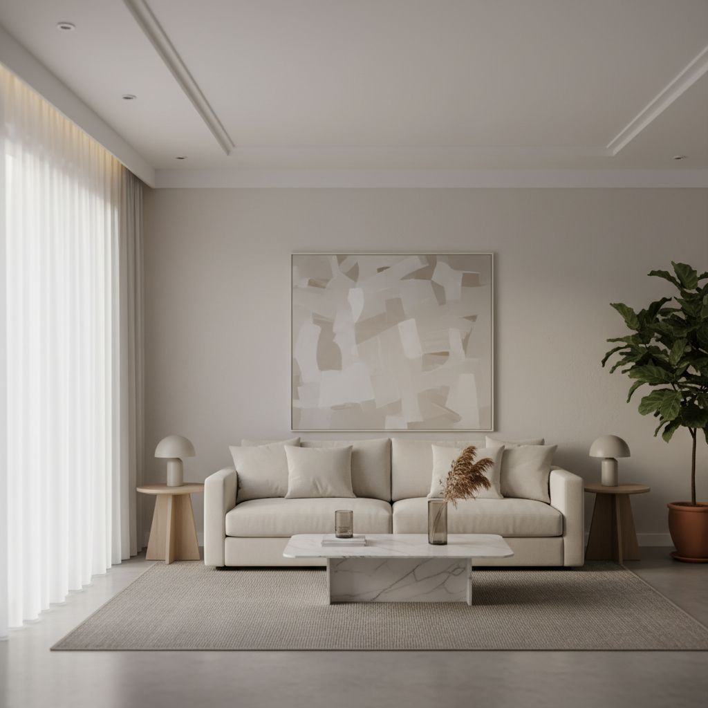 Modern living room with elegant minimalist ceiling moldings and soft lighting
