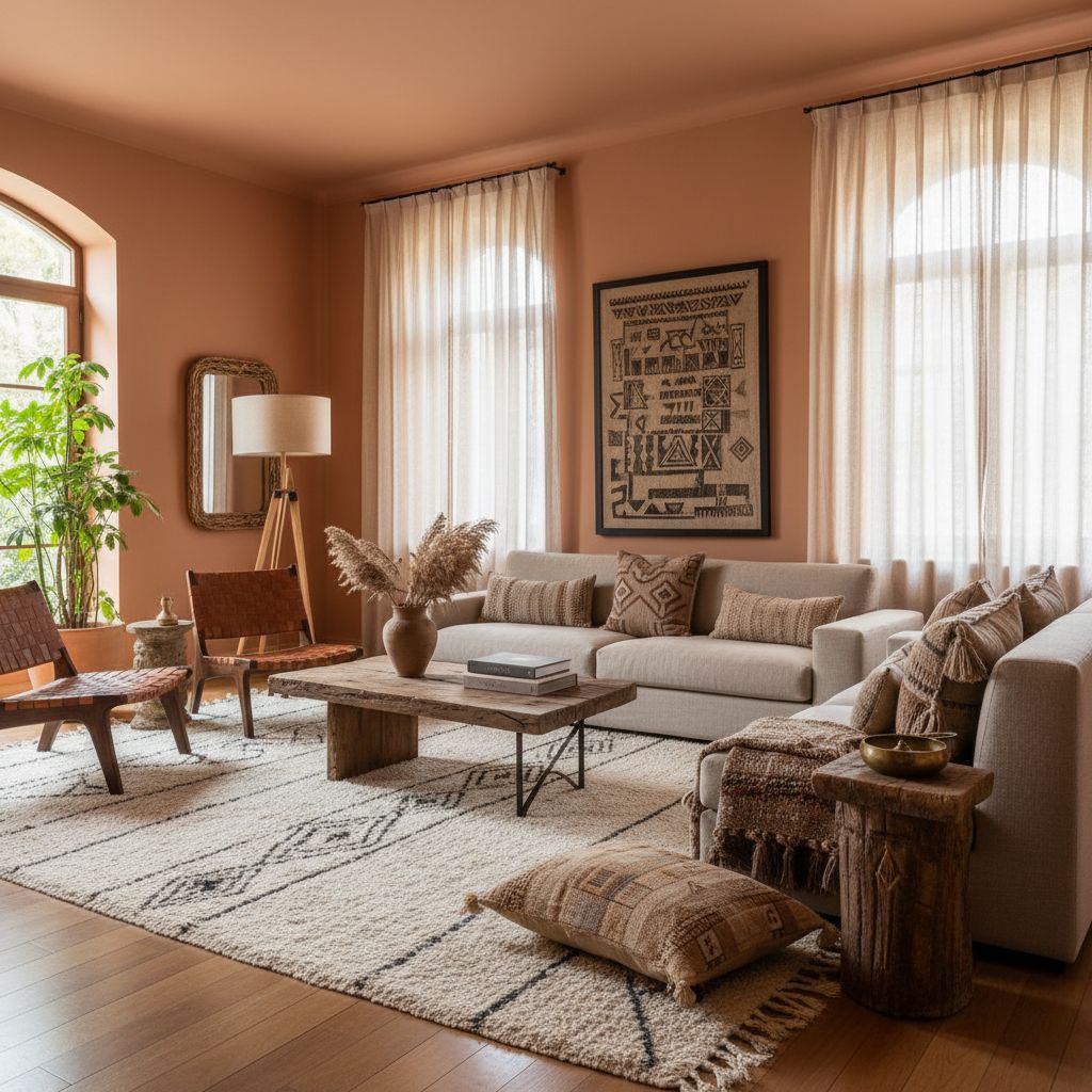 Living room with ethnic chic decor, warm tones, terracotta walls, berber rug, and modern furniture mixing with artisanal pieces