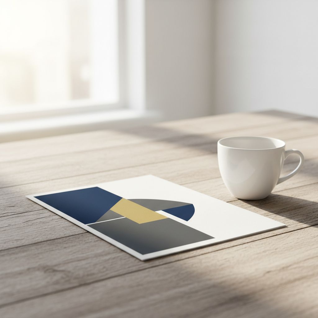 Professional looking flyer on a wooden table next to a coffee cup, well illuminated, high quality design