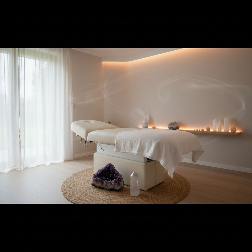 A calm and welcoming energy healing room in Ecublens with soft lighting, crystals, and a comfortable treatment table, focusing on serenity and purification.
