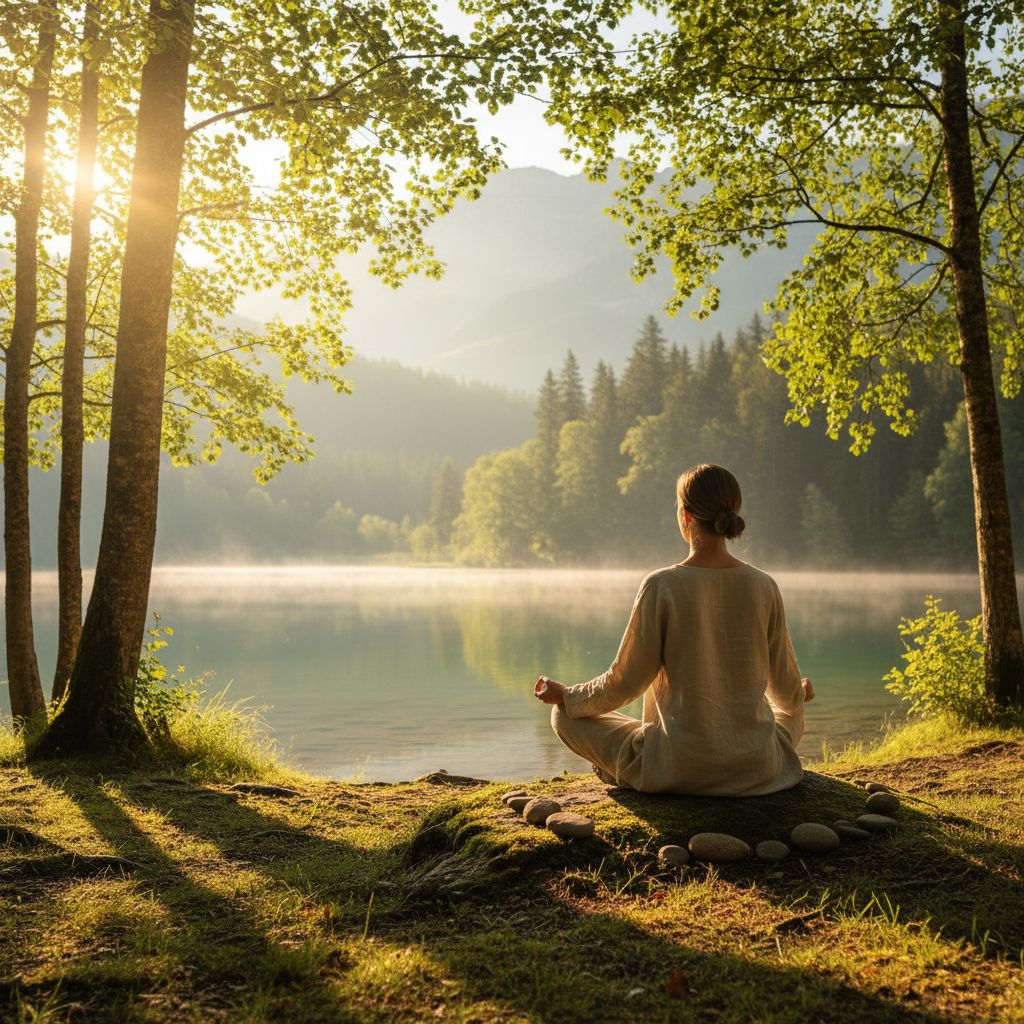 Peaceful person meditating outdoors in Ecublens nature, symbolizing the result of effective energy clearing.