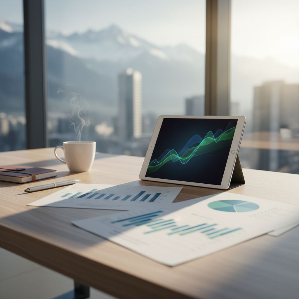 Modern swiss office desk with financial reports and a tablet displaying growth charts, warm lighting, professional atmosphere