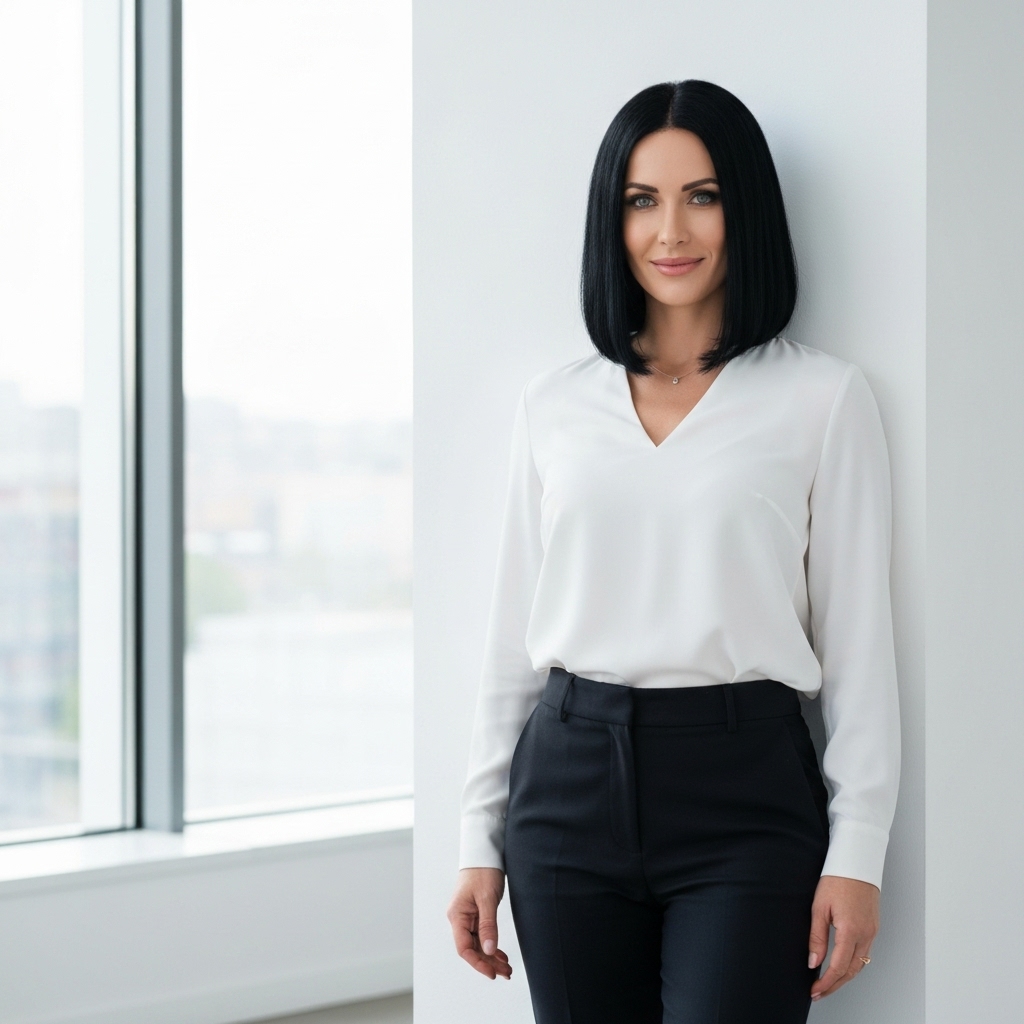 Une femme sereine dans une pièce baignée de lumière, les mains posées sur son ventre, visualisant une douce énergie circuler.