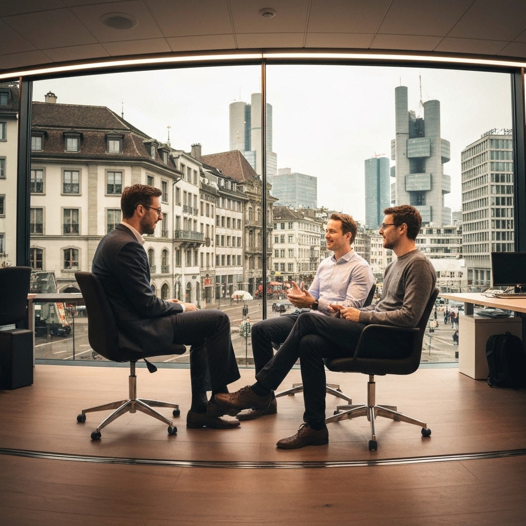 Photorealistic image of a modern Swiss office interior in Zurich with finance professionals discussing over a glass table, warm lighting, professional atmosphere.