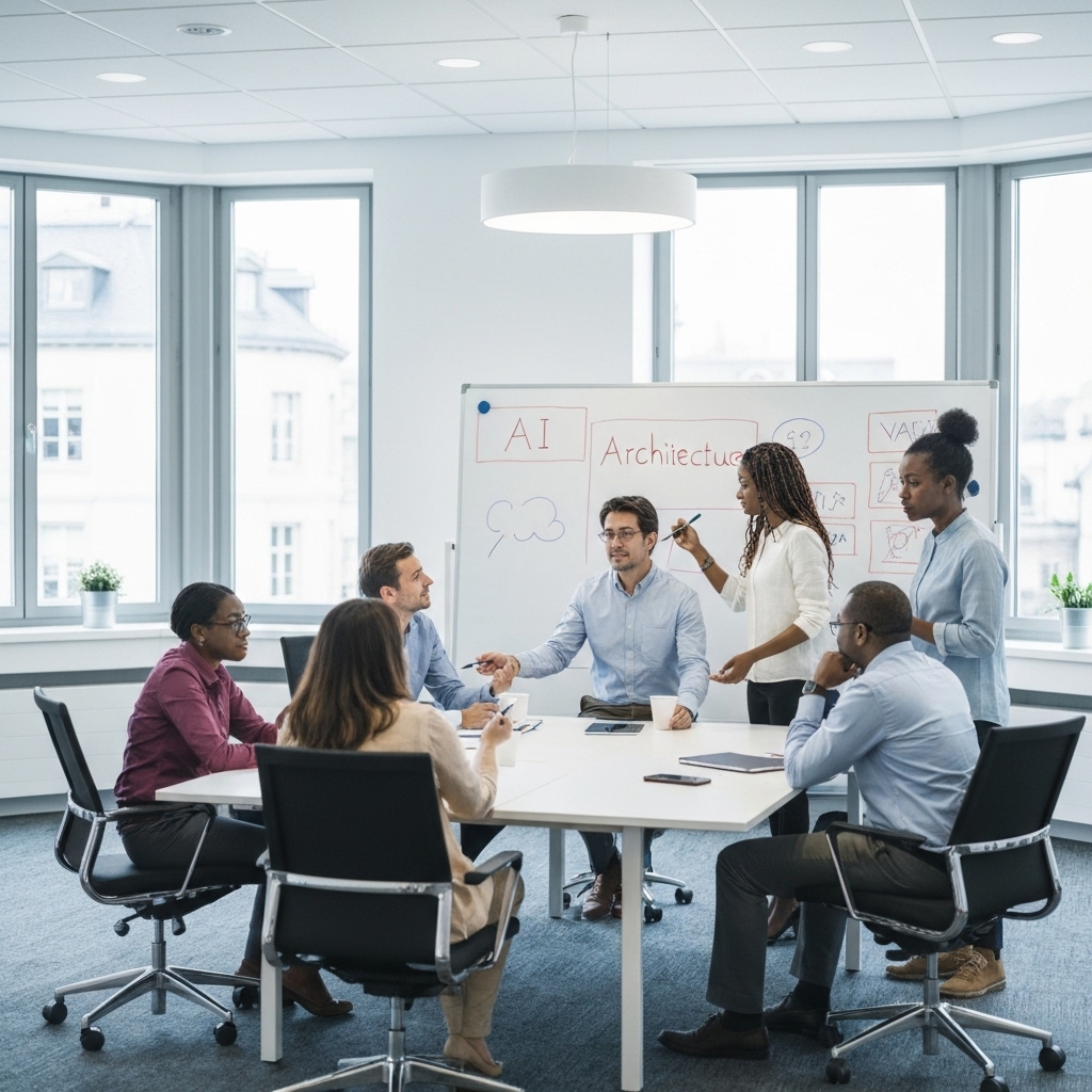 A modern, bright office in Zurich with a diverse team brainstorming on a whiteboard about AI architecture, realistic style