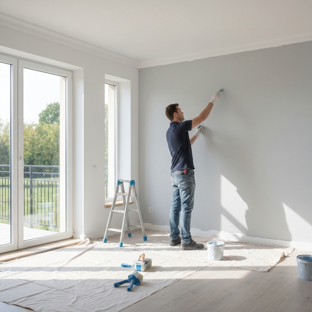 A bright and modern living room renovation in progress with painters working on the walls, high quality tools visible