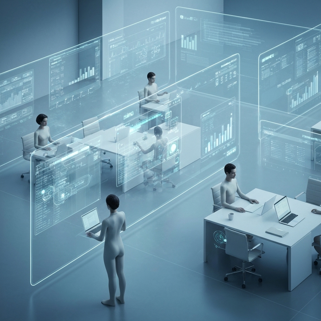 Futuristic digital workspace showing data streams and automated content publishing workflows