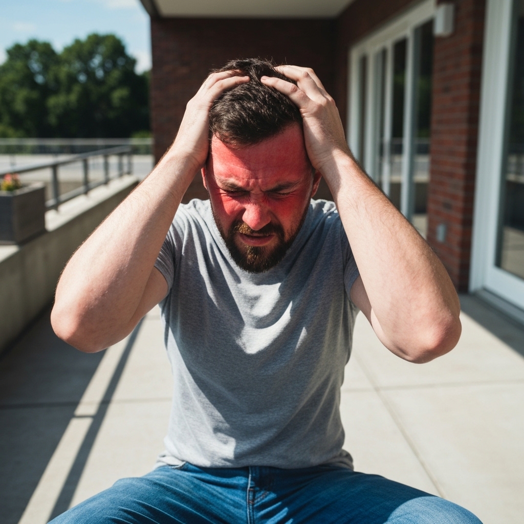 A desperate homeowner trying to fix a stuck awning with a remote control in hand on a sunny patio
