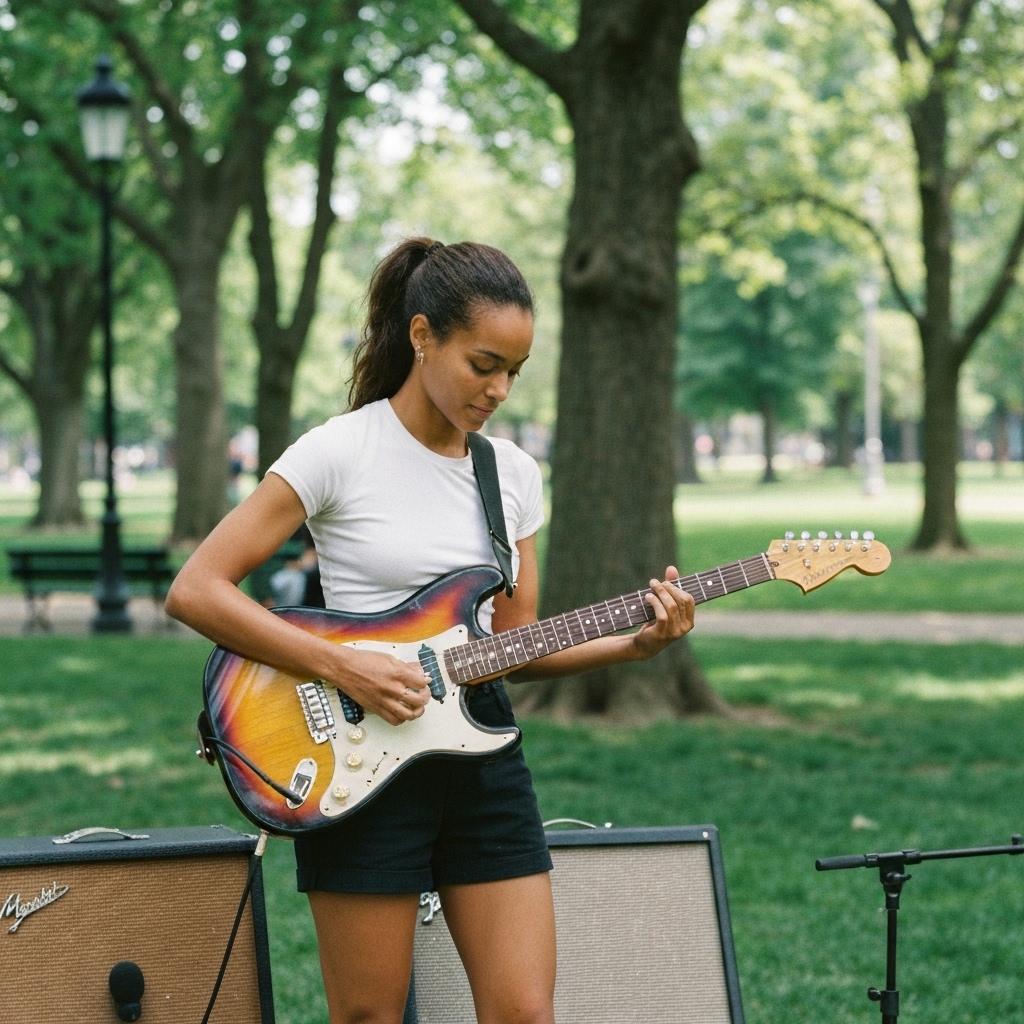 Street musician performing with a visible QR code sign for tips