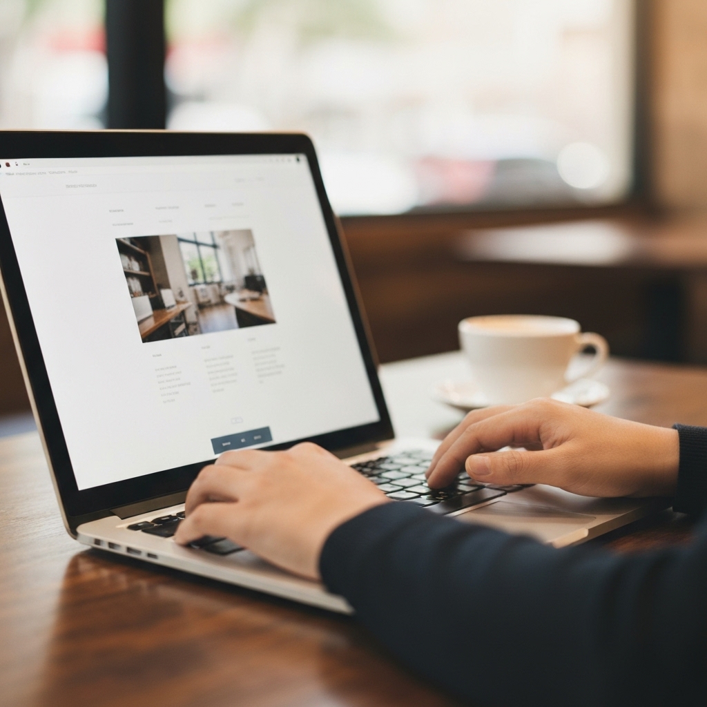 Close up of a freelancer working on a laptop in a coffee shop focusing on screen usage