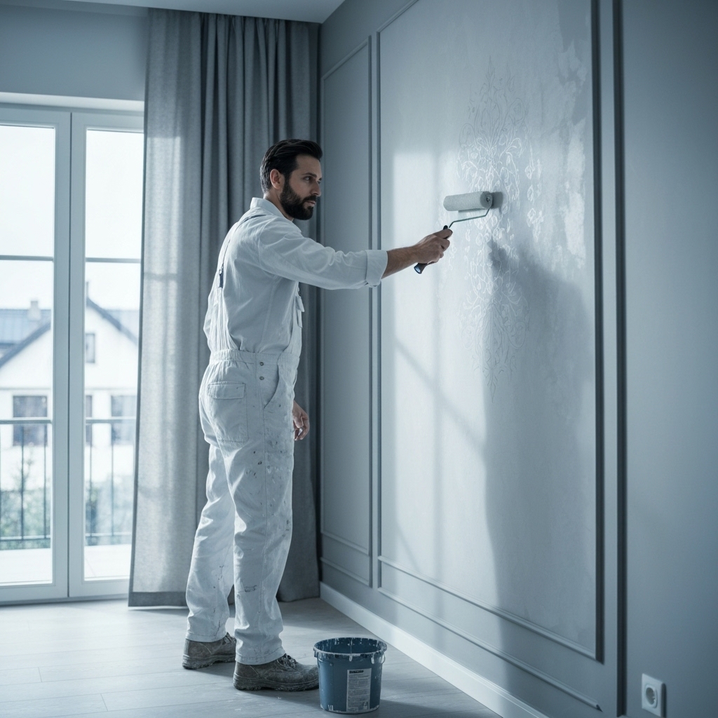 Peintre professionnel appliquant une finition décorative précise sur un mur de salon moderne à Gland