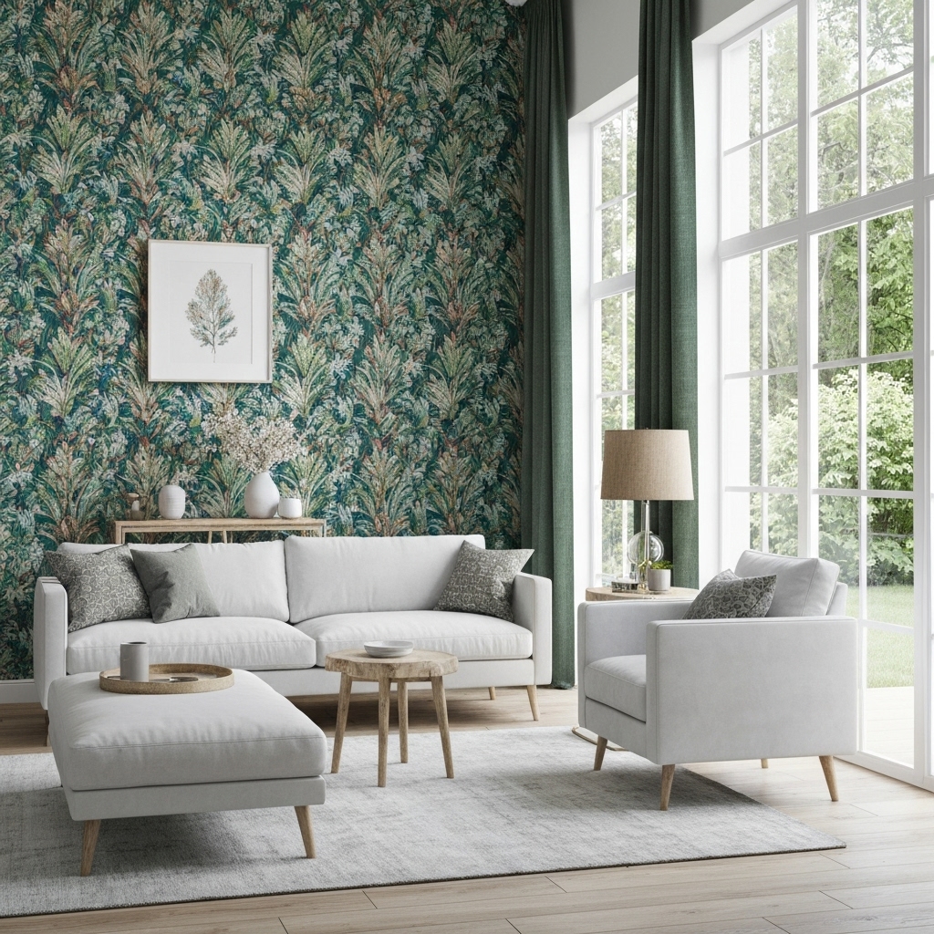 Modern living room interior with panoramic jungle wallpaper and contemporary furniture