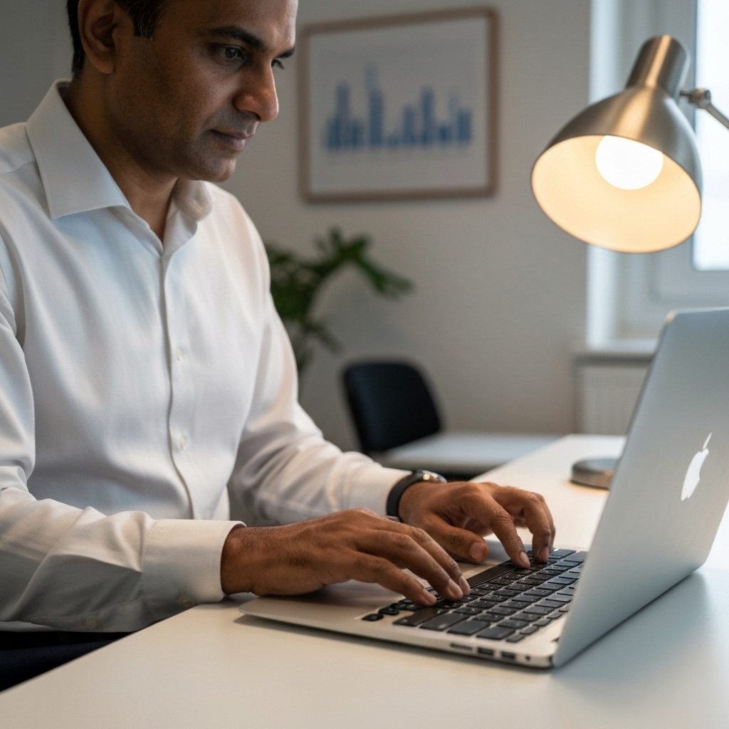 Entrepreneur working late on a laptop in a stylized modern swiss office environment representing bootstrapping
