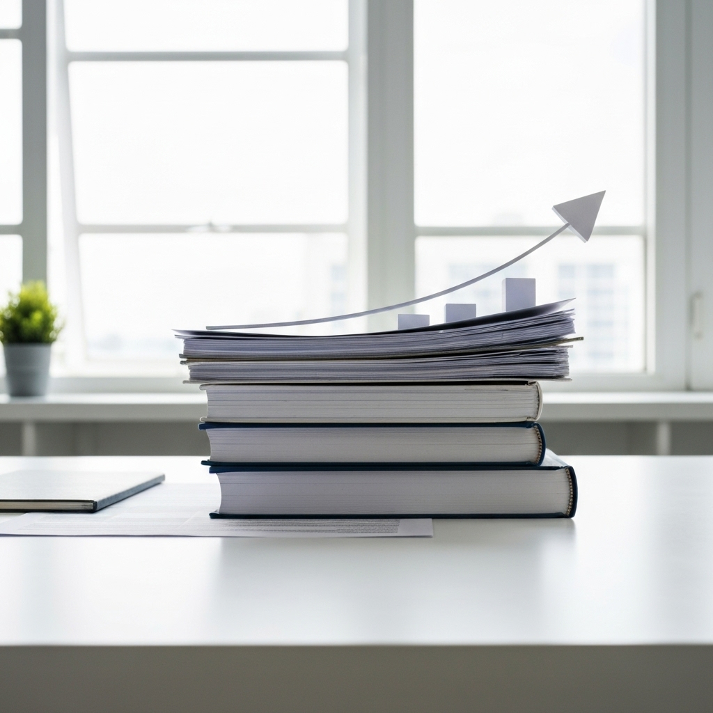 Abstract representation of growth chart going up composed of books and documents representing content marketing success