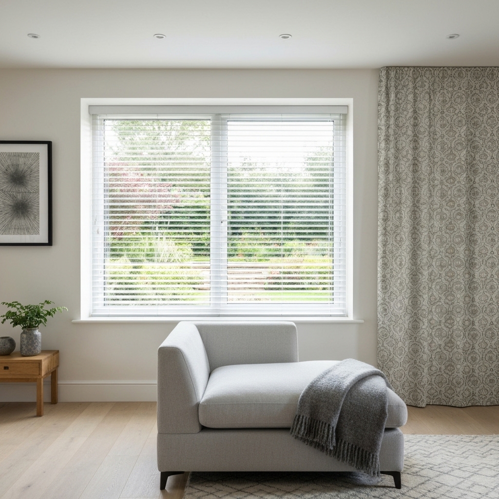 Modern living room with white aluminum horizontal blinds letting in strips of sunlight on a contemporary sofa