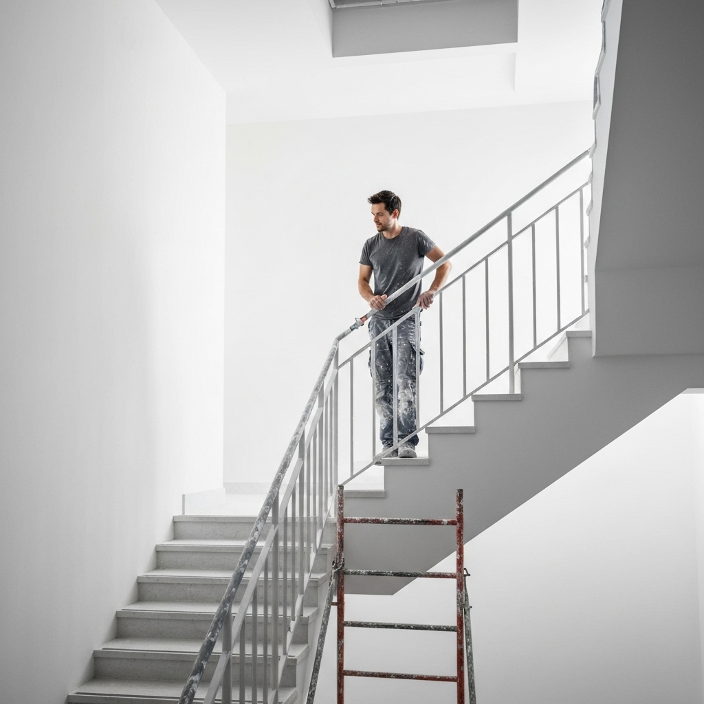 Profesional painter standing on a specialized scaffolding in a high stairwell, applying white paint with a roller, bright and clean atmosphere