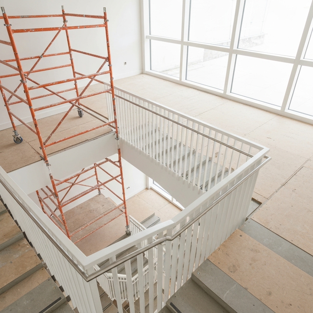 High angle shot of a modern staircase renovation with scaffolding properly installed and protected floors
