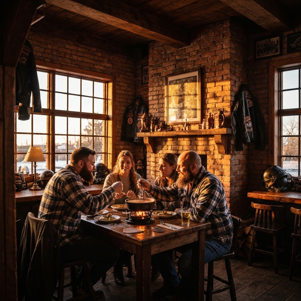 Photorealistic image of a cozy, warm pub interior in winter with wooden decor, biker elements, happy people eating fondue, warm lighting, authentic atmosphere
