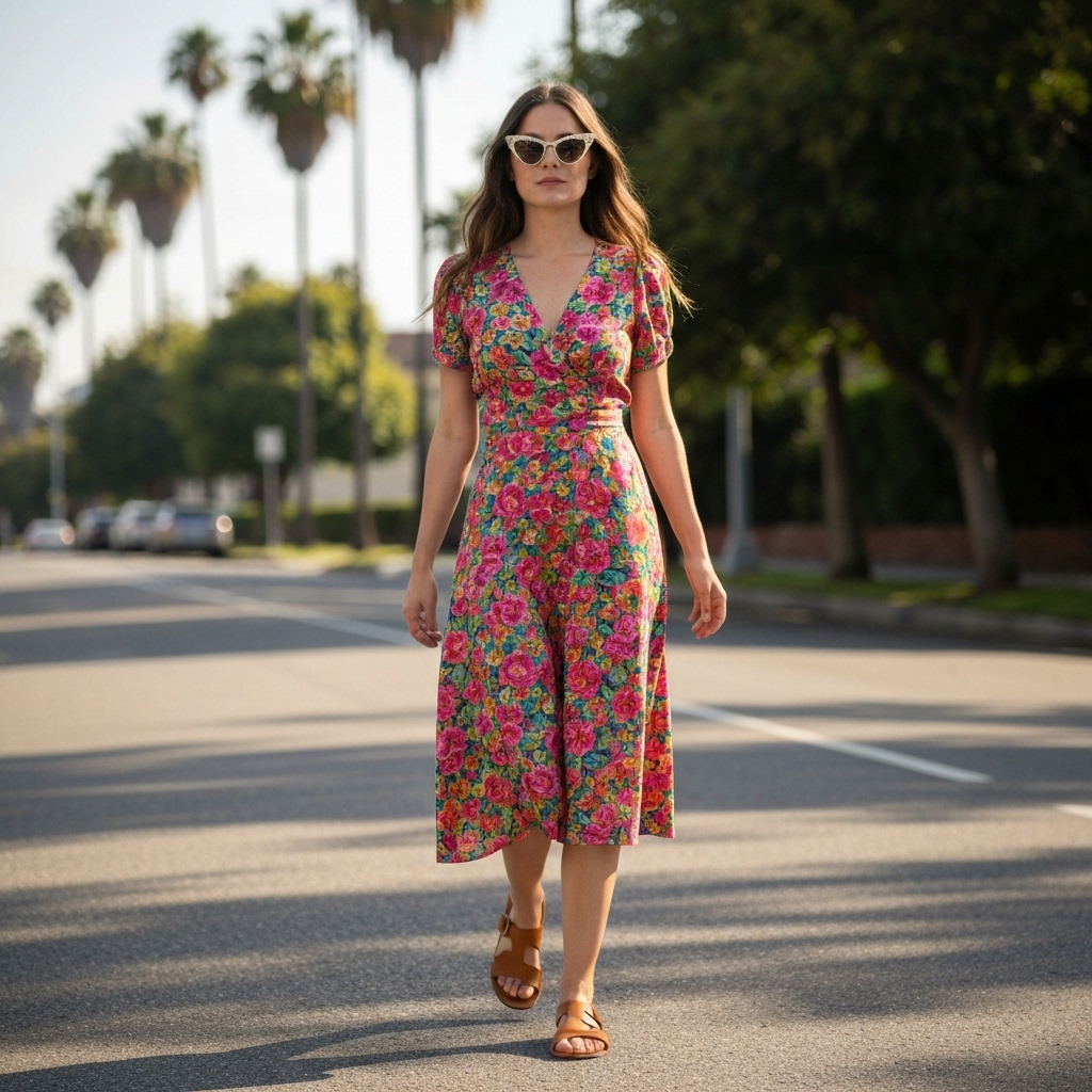 Woman walking on a sunny california street wearing vintage floral dress and sunglasses