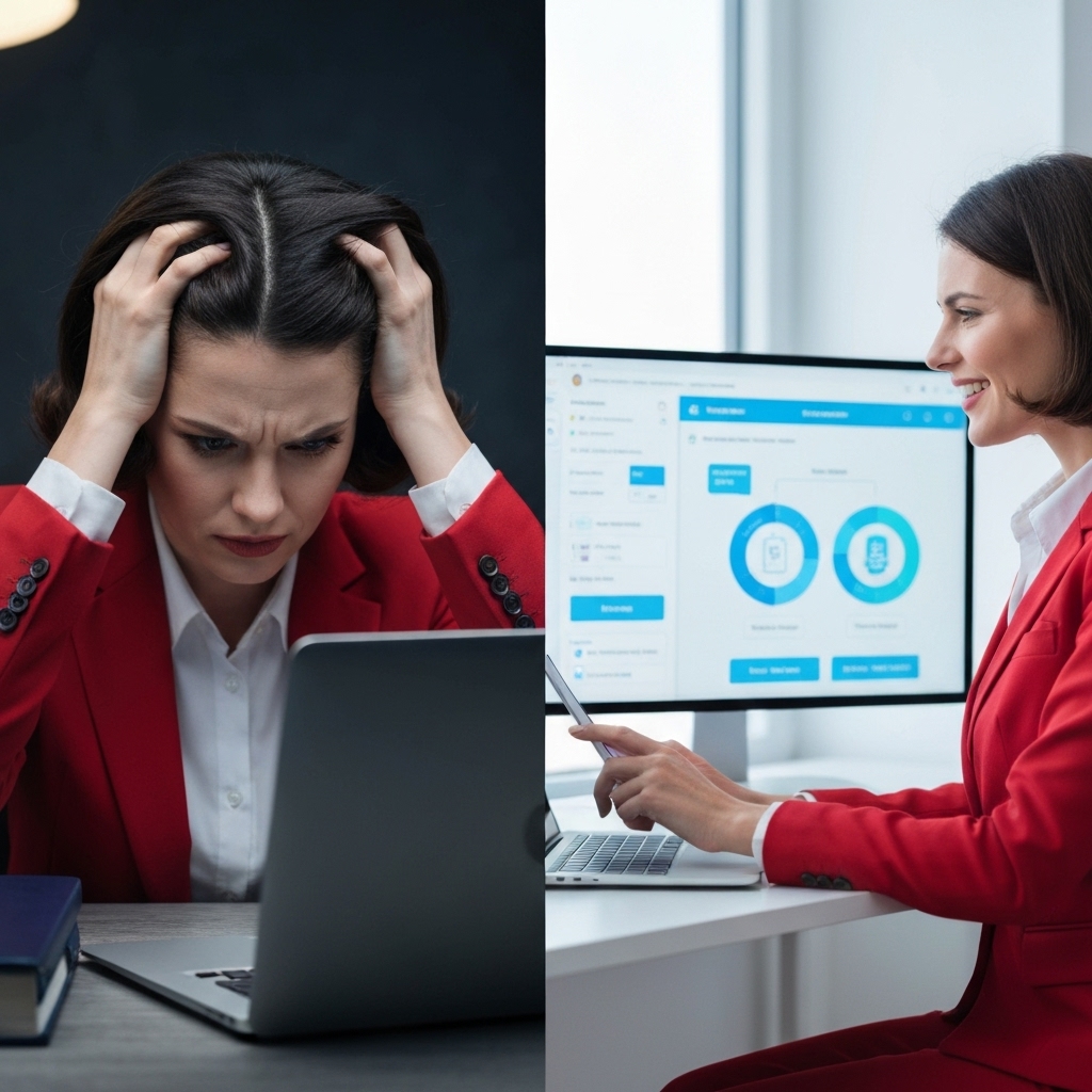 A split screen comparison showing a frustrated person coding manually versus a relaxed person using an AI builder on a laptop