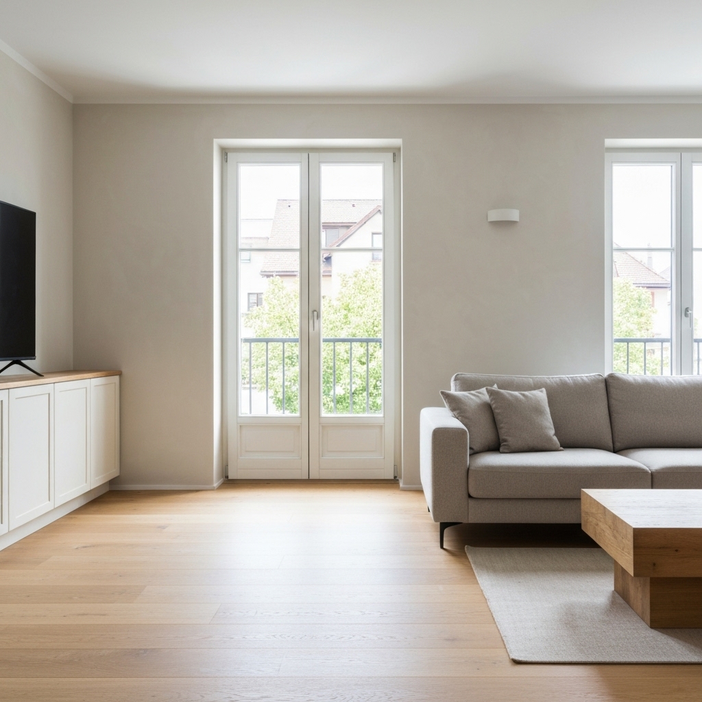 A welcoming, modern renovated living room in Switzerland showing high-quality painting and plaster work