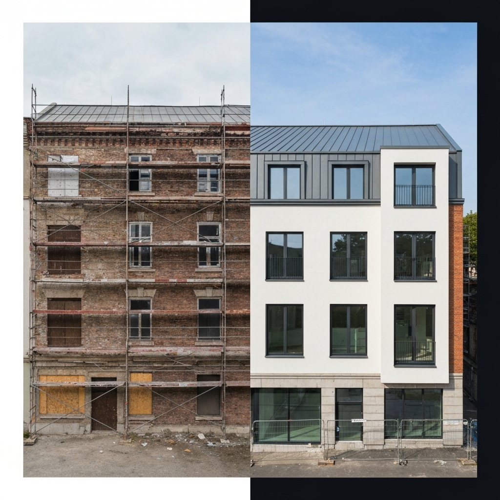 Before and after comparison collage of a building facade renovation with scaffolding