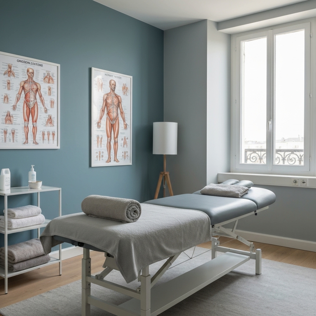 A calm and welcoming consultation room in Nantes with natural light, featuring an anatomical chart and a comfortable therapy table, soft colors