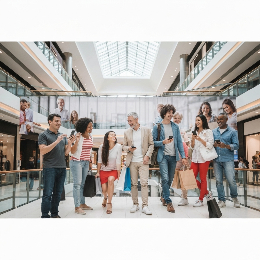 Large format banner hanging in a busy shopping mall atrium showing happy shoppers