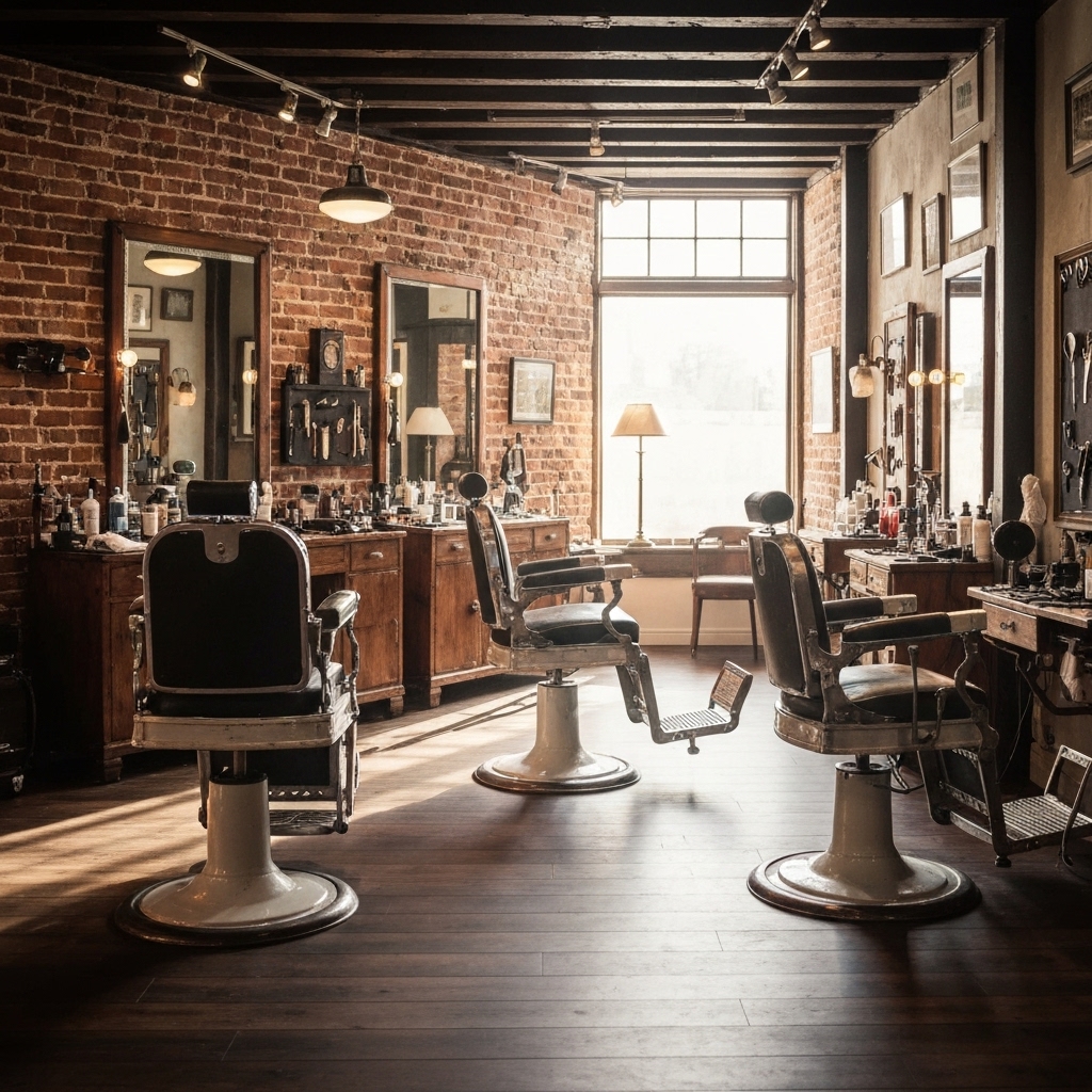 Trendy barber shop interior with vintage chairs and industrial lighting