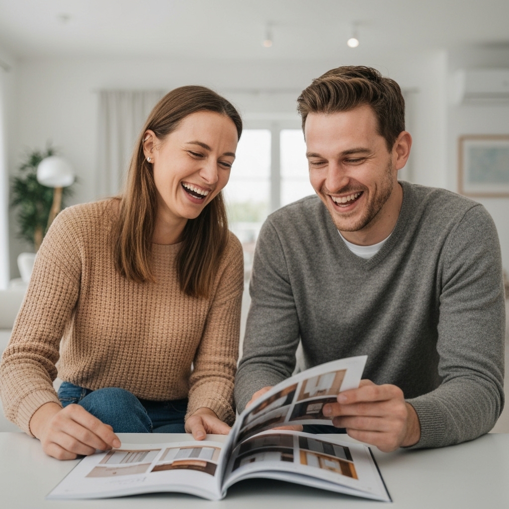 Happy couple looking at decoration catalog samples in a bright office