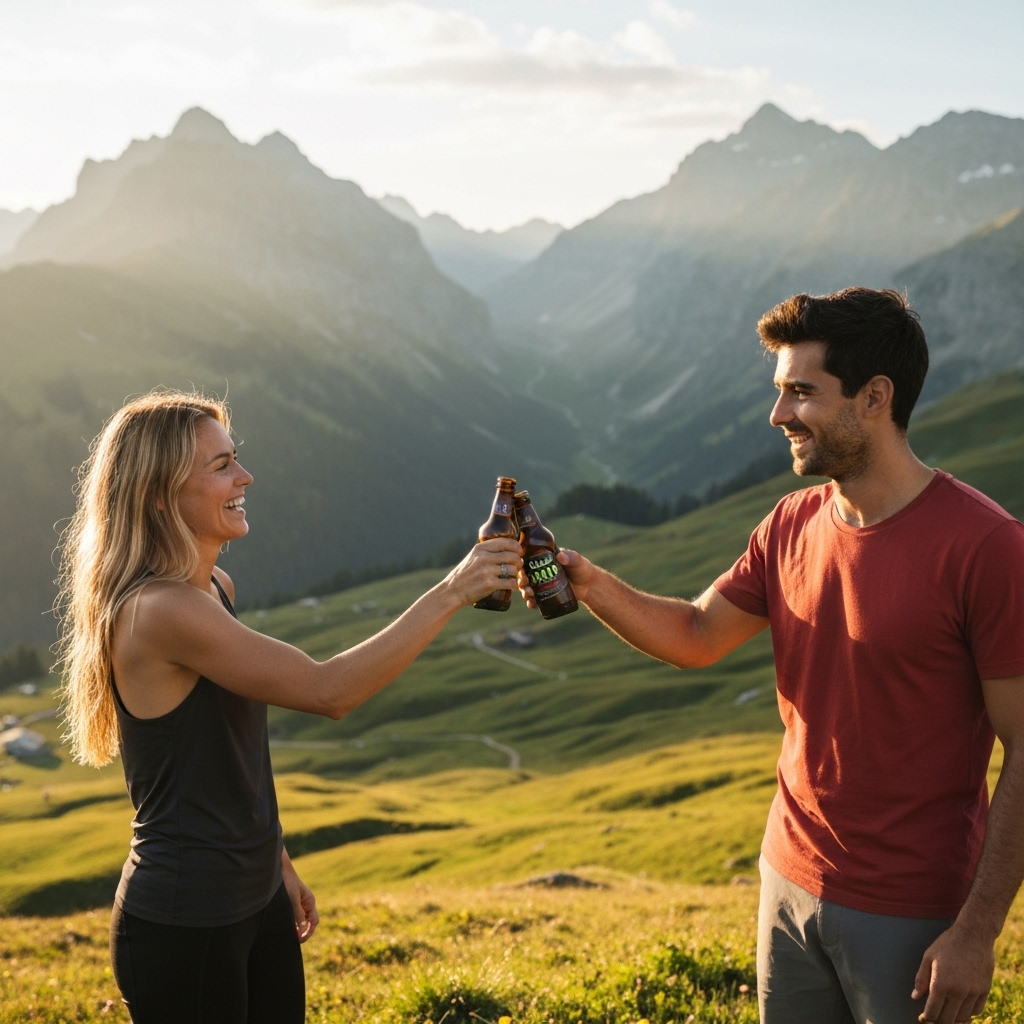 Two young active adults laughing and clinking Grano Maté bottles during a hiking break in the Swiss Alps