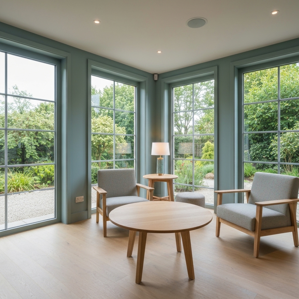 Peaceful consultation room with comfy chairs and soft lighting ready for a reiki or clairvoyance session