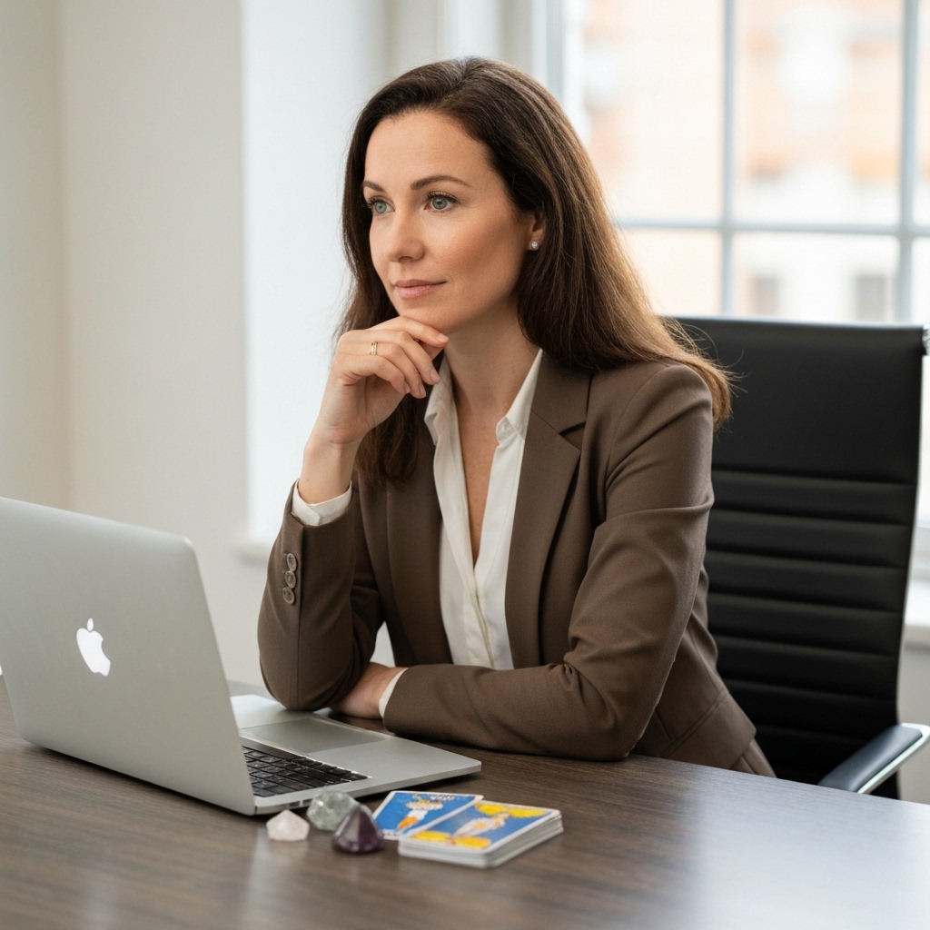 A professional woman sitting at a desk looking thoughtful with tarot cards and crystals subtly placed near her laptop representing career clairvoyance