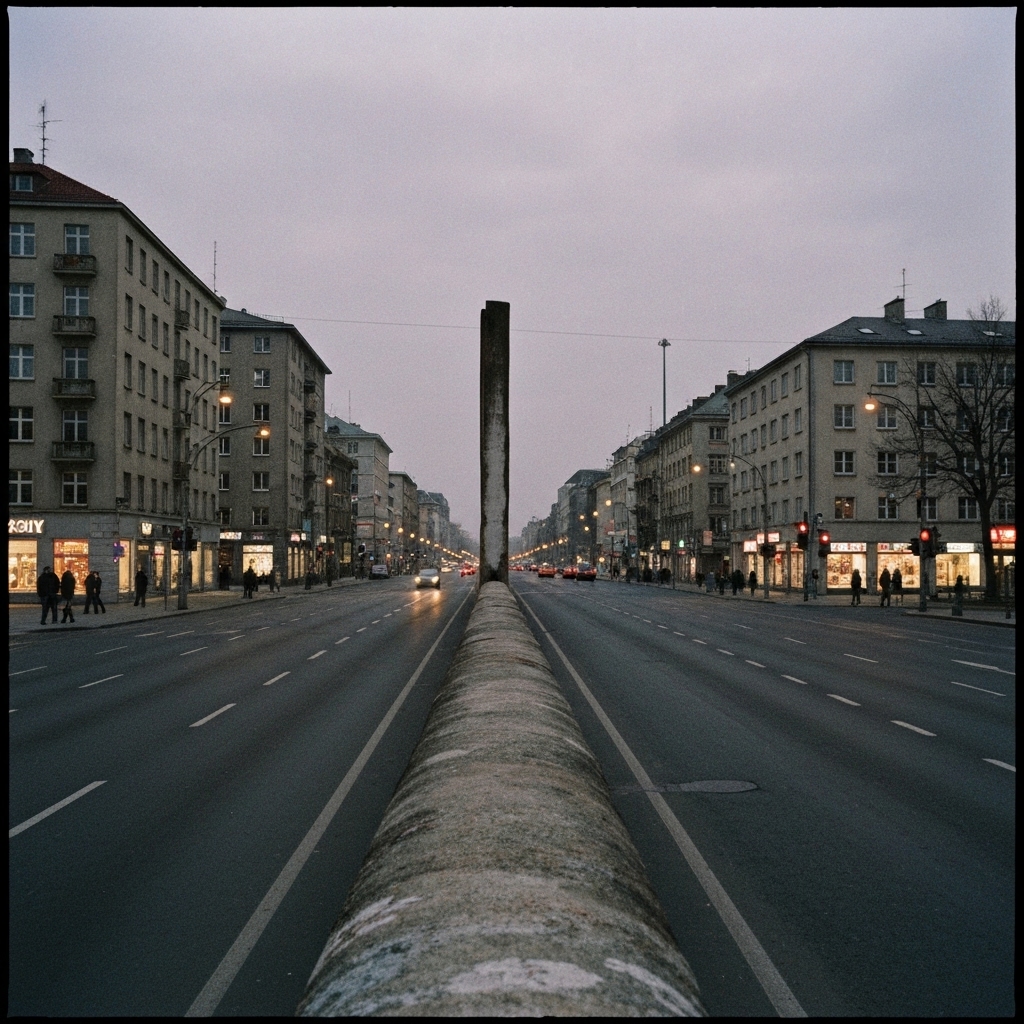 A realistic and atmospheric representation of the Berlin Wall during the Cold War, focusing on the contrast between the stark concrete and the surrounding city life.