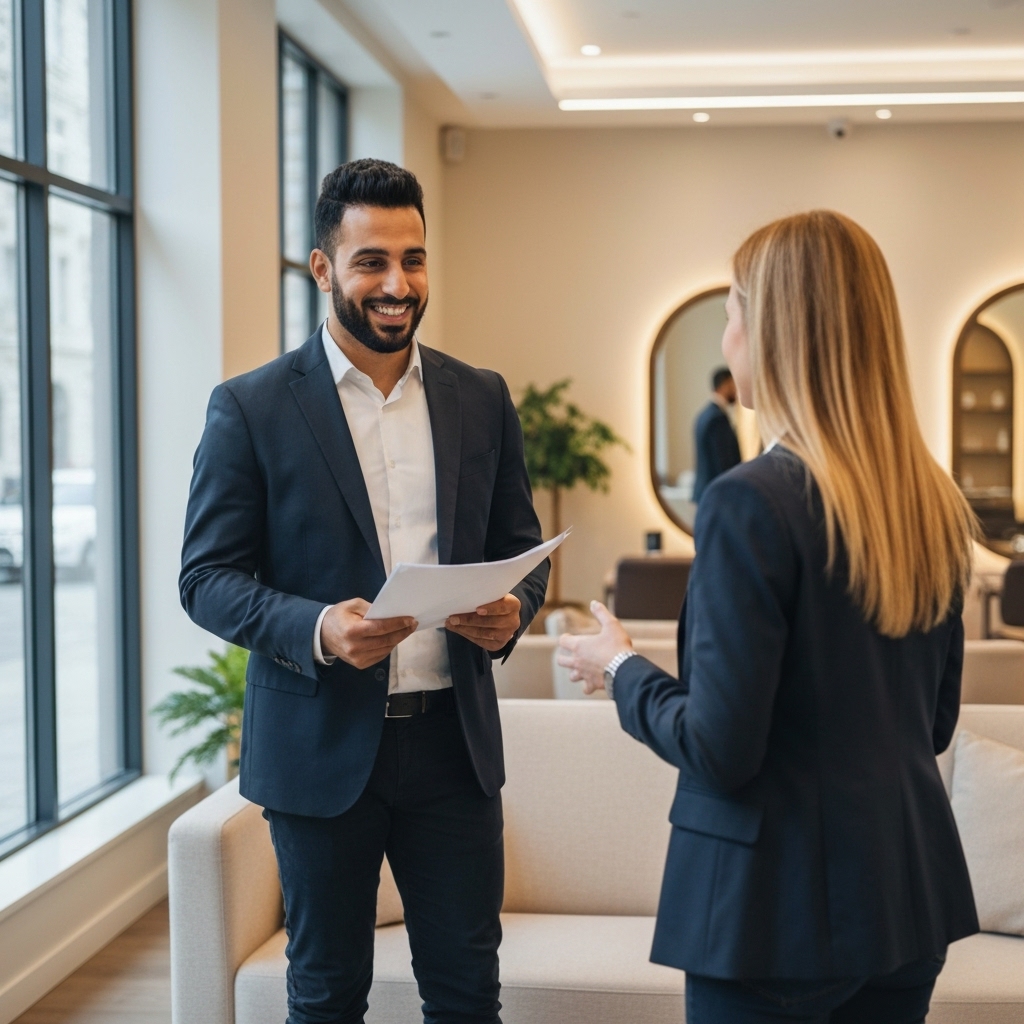 A professional contractor discussing renovation plans with a couple in a modern living room, pointing at blueprints with a satisfied look.