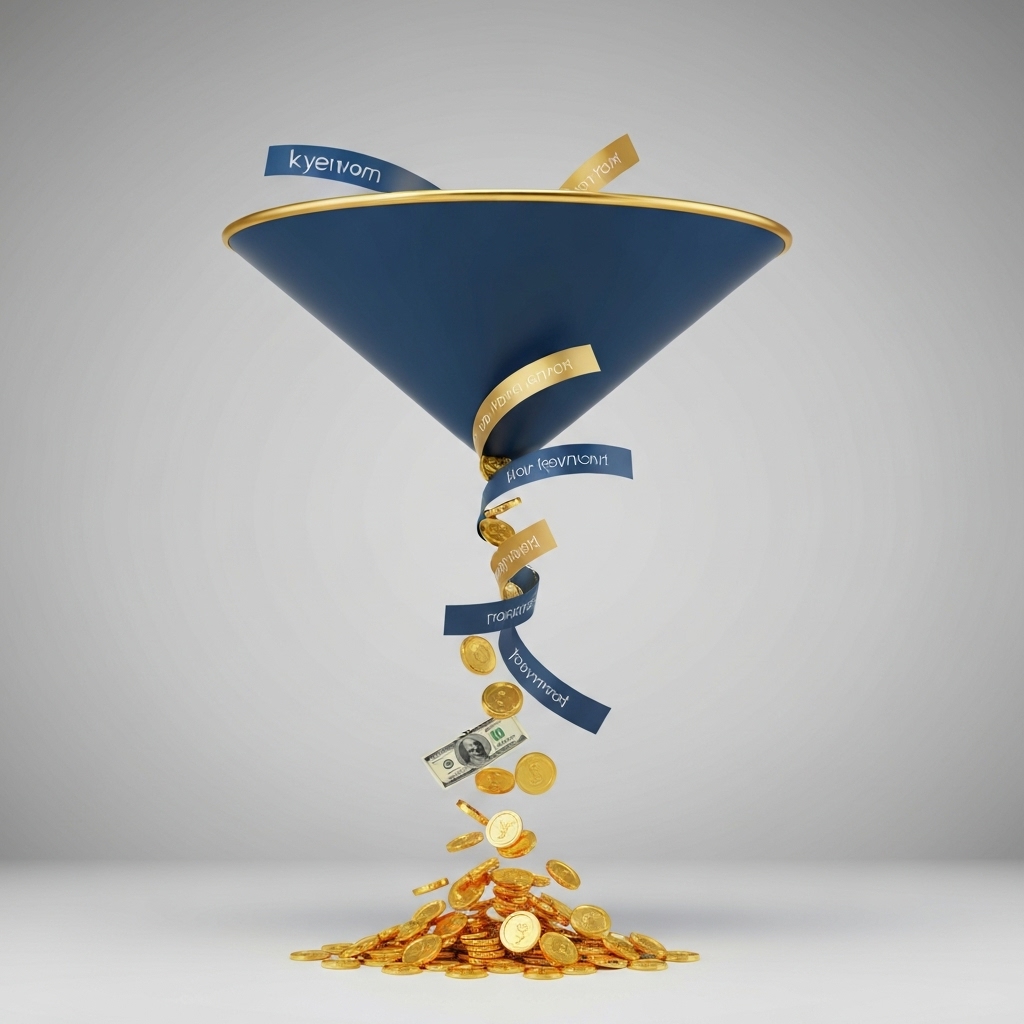 A digital illustration of a sales funnel showing keywords transforming into coins or currency at the bottom