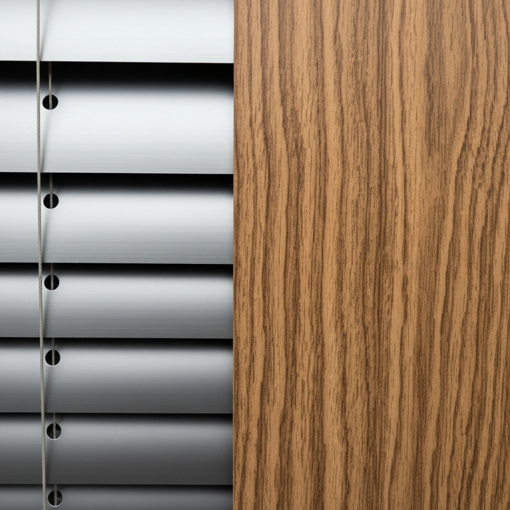 Close up texture comparison of natural wood grain slat versus smooth matte aluminum slat Close up texture comparison of natural wood grain slat versus smooth matte aluminum slat