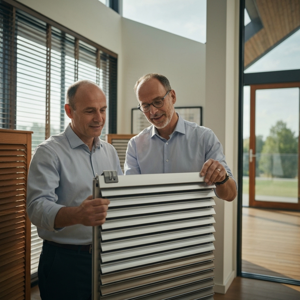 Interior designer comparing wood and aluminum blind samples in a warm living room setting
