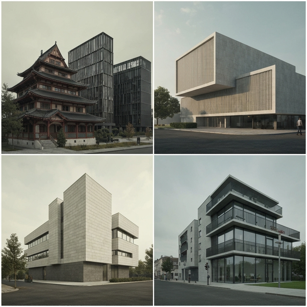 Comparison of four differents plaster textures: smooth, floated, crushed and roughcast side by side