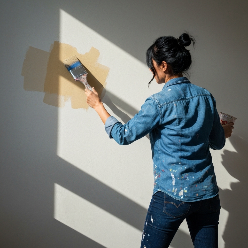 Close up of a professional painter applying fresh plaster on an exterior wall with visible texture detail