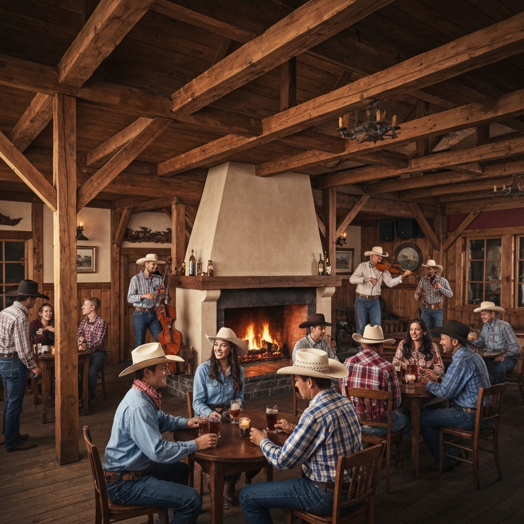 Ambiance chaleureuse et festive dans un pub décoré style Far West avec des clients souriants