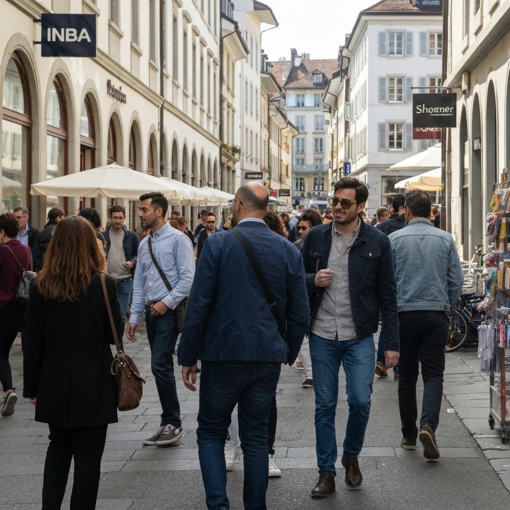 Busy Lausanne street shopping scene with people looking at smartphones