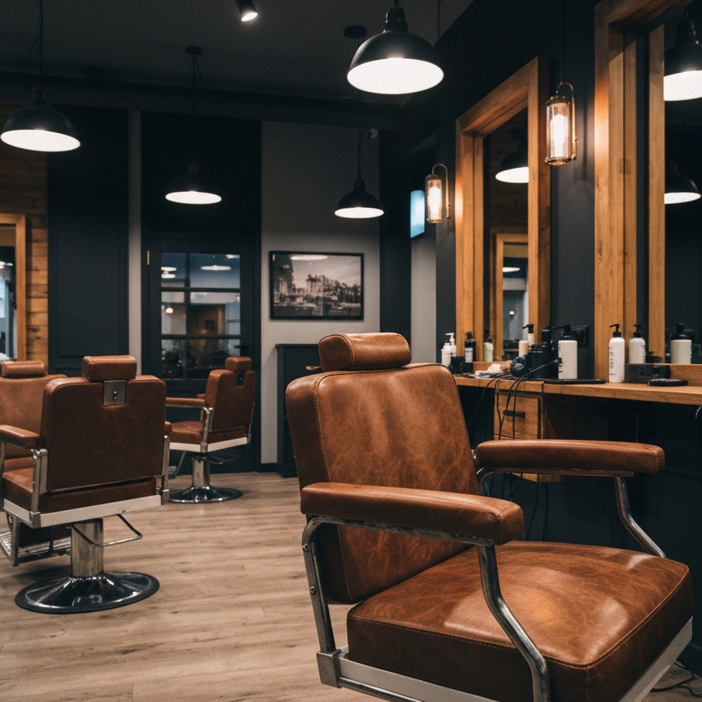 Modern barbershop interior with vintage leather chairs and warm lighting showing inviting atmosphere