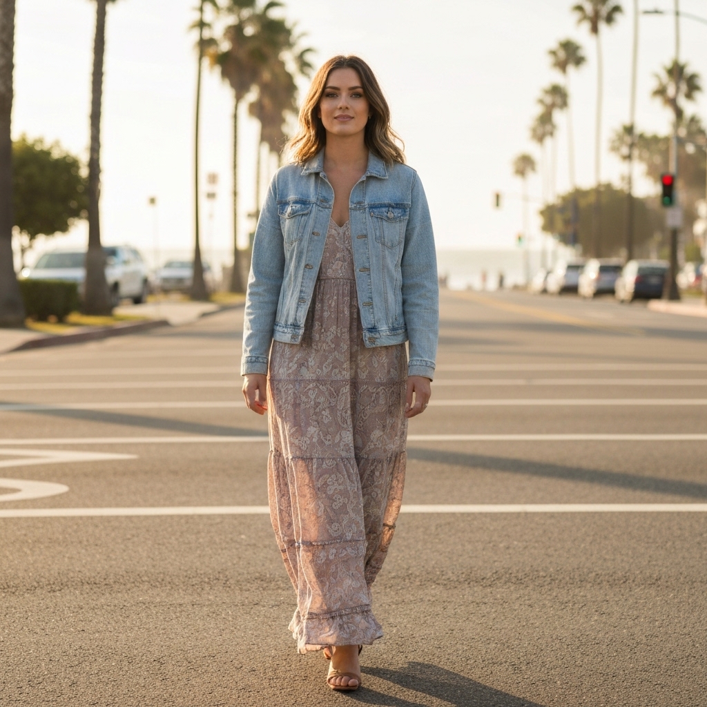 A confident woman walking on a Santa Monica street wearing a flowing bohemian dress and a light denim jacket, capturing the essence of California casual fashion style