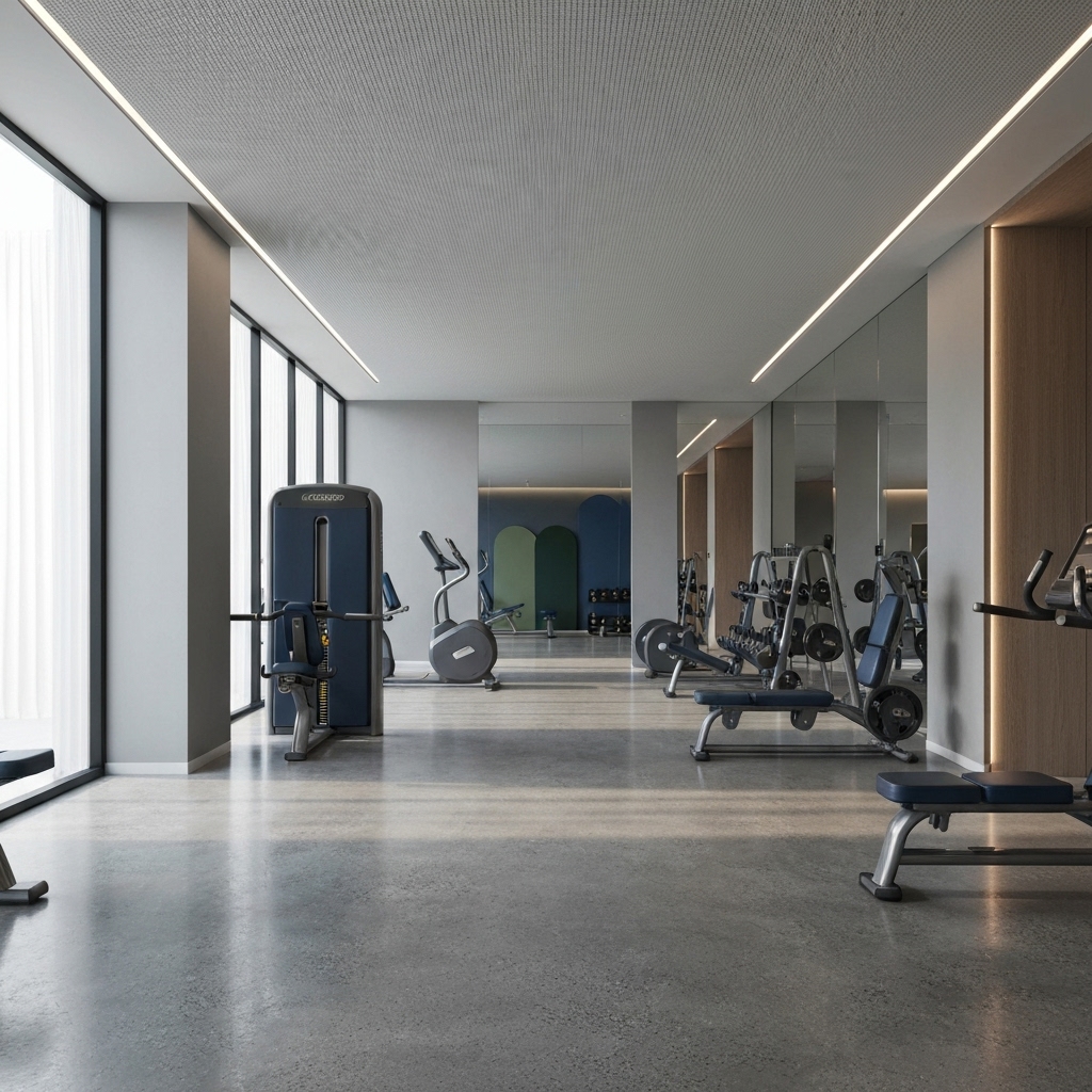 Interior of a modern exclusive private gym with minimal equipment and high-end design