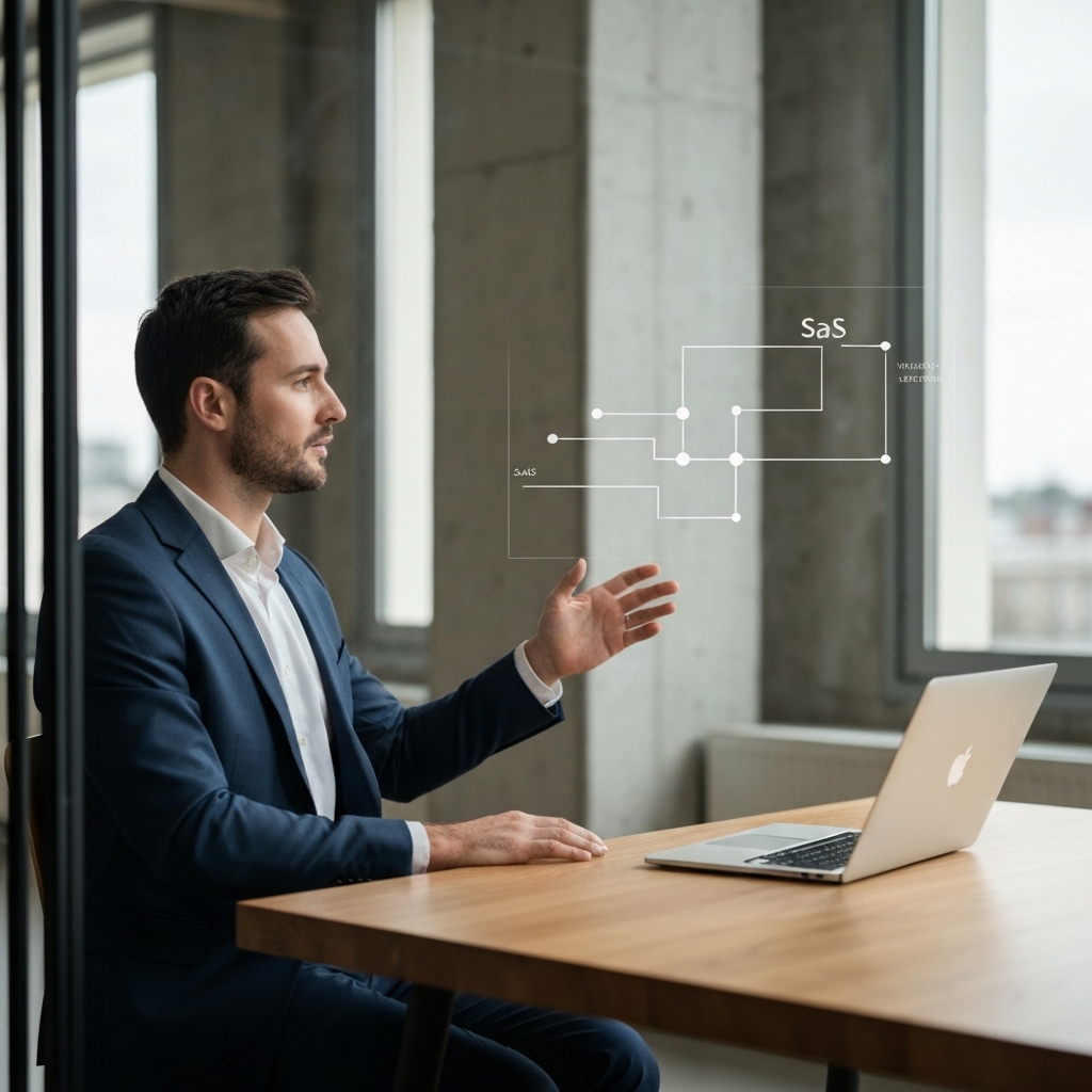 A modern Swiss entrepreneur working in a coworking space in Geneva with a laptop, visualizing a SaaS roadmap on a glass wall, cinematic lighting