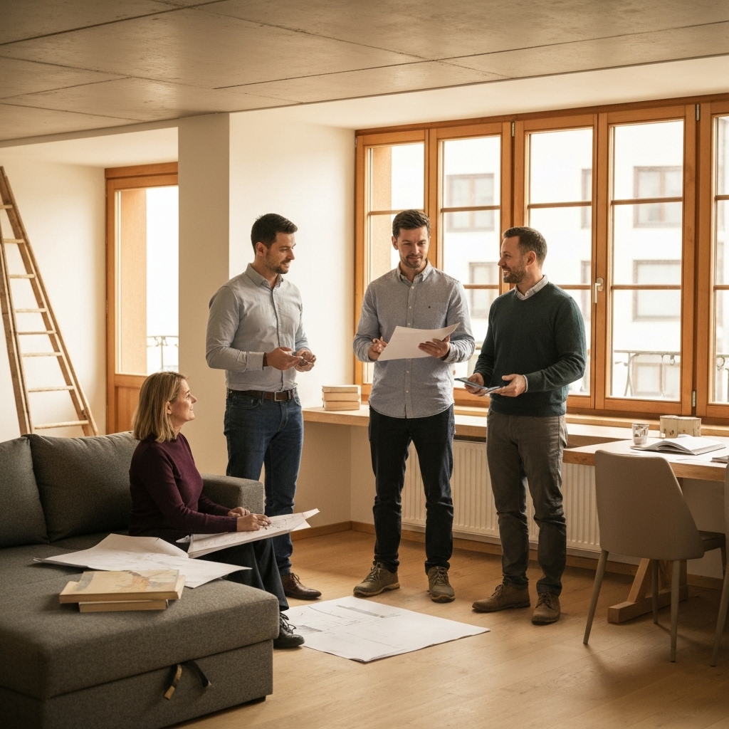 A professional renovation team discussing plans with a homeowner in a modern Swiss apartment, warm lighting, high quality.
