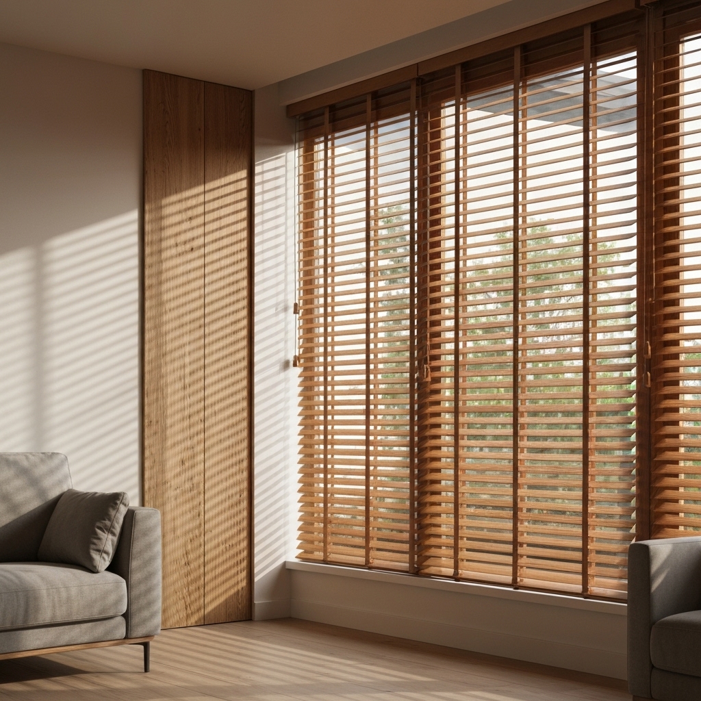High quality photo of a modern interior living room with elegant wooden blinds filtering the sunlight