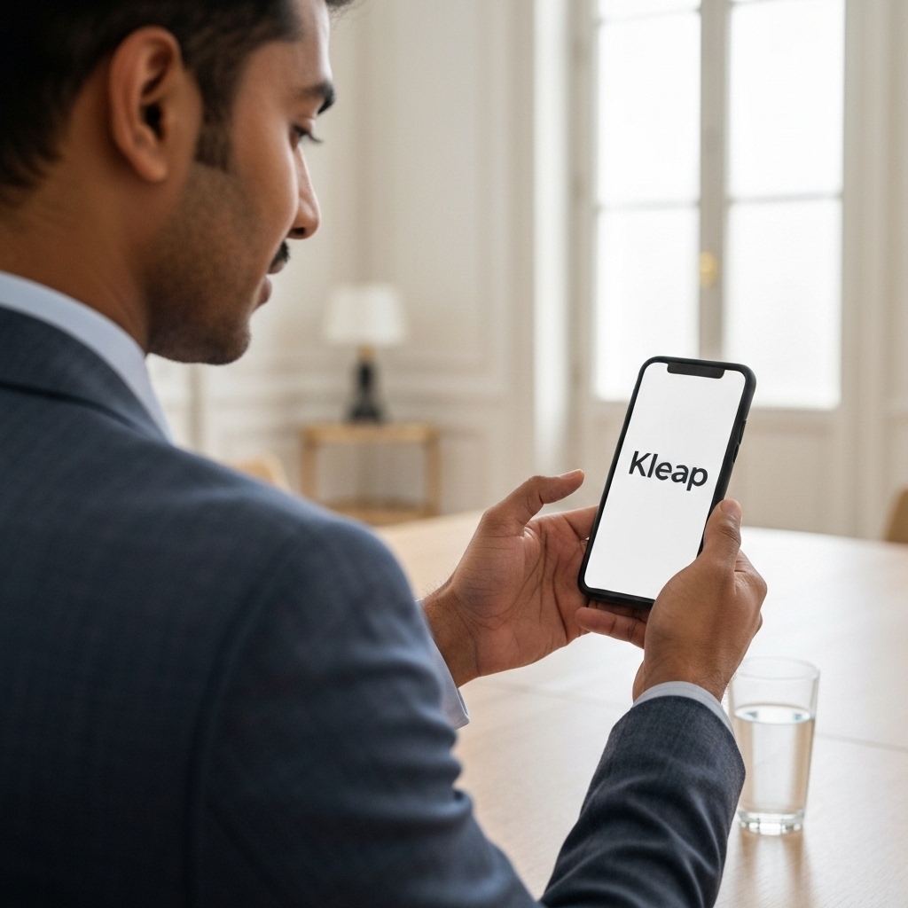 Close up photo of a person using a smartphone to purchase a product on a Kleap website